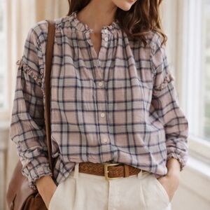 THE GREAT. Plaid Ruffle Blouse Mauve Pink Cotton Button Down |  XS/S
